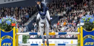 ATG blir ny grensponsor till det svenska hopplandslaget Ryttare på häst hoppar hinder under tävling i fullsatt arena, med ATG-logotyper vid hindret.