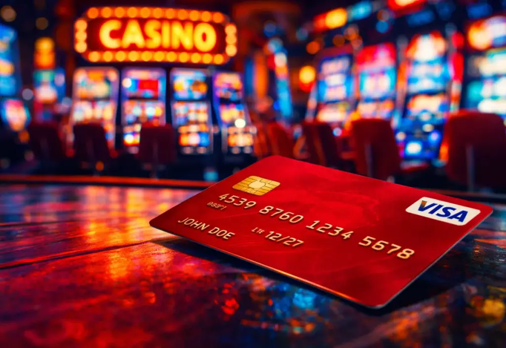 Visa-kort med casino i bakgrunden