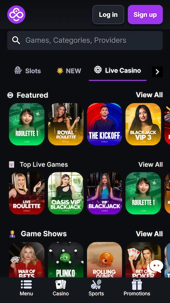 Sidan för live casino hos CoinCasino