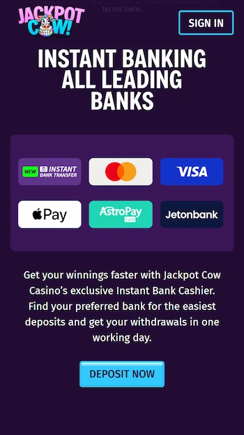 Instant Banking hos Jackpot Cow