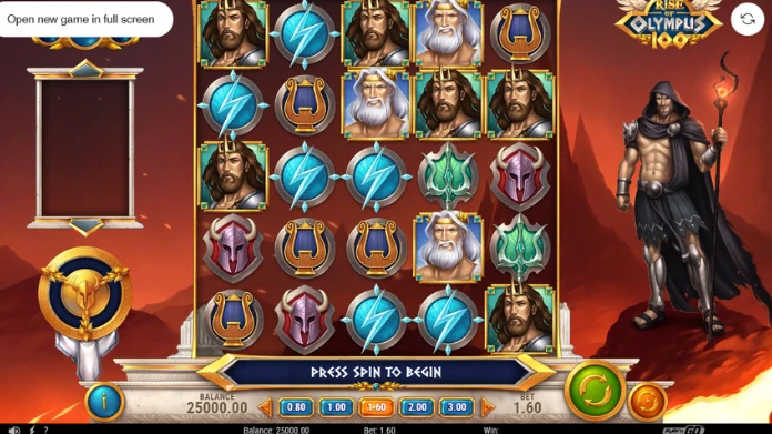 Skärmbild från spelautomaten Rise of Olympus med mytologiska symboler, Zeus-ikoner, färgade juveler och en krigare till höger.