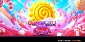 Ny slot från Pragmatic Play: Sugar Rush Super Scatter nu ute Färgglad spelgrafik med godislandskap, spiralformad sol och loggan ”Sugar Rush Super Scatter” i mitten.