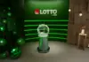 Tre miljonvinster på Lotto – vinnare i Växjö, Göteborg och Gävle Lotto-studio med grön belysning och lottodragning i glasbehållare framför Lotto + Joker-logotyp.