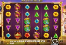 Zeus slår till igen – varför grekisk mytologi fortsätter dominera 2026 Skärmbild från spelautomaten Gates of Olympus med Zeus, färgglada symboler och spelrutor i guld- och lila toner.