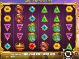 Skärmbild från spelautomaten Gates of Olympus med Zeus, färgglada symboler och spelrutor i guld- och lila toner.