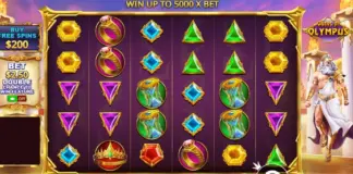 Zeus slår till igen – varför grekisk mytologi fortsätter dominera 2026 Skärmbild från spelautomaten Gates of Olympus med Zeus, färgglada symboler och spelrutor i guld- och lila toner.