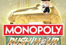 Monopoly Rush Hour slotspel med Mr Monopoly i guldbil ovanför logotyp mot skimrande stadsbakgrund.