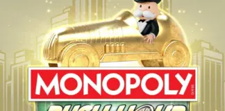 Monopoly Rush Hour – Ny slot från Big Time Gaming Monopoly Rush Hour slotspel med Mr Monopoly i guldbil ovanför logotyp mot skimrande stadsbakgrund.