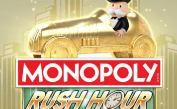 Monopoly Rush Hour slotspel med Mr Monopoly i guldbil ovanför logotyp mot skimrande stadsbakgrund.