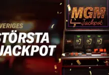 Sveriges största jackpot från BetMGM med slotmaskin och MGM jackpot skylt i bakgrunden