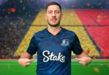 Eden Hazard med Stake-logo på fotbollströjan