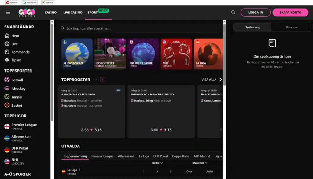 GoGoCasino sportsbook från dator