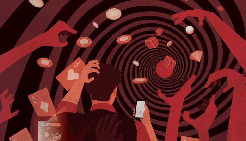 Person dras in i spelberoende med kort marker och tärningar i ett virvlande mörker