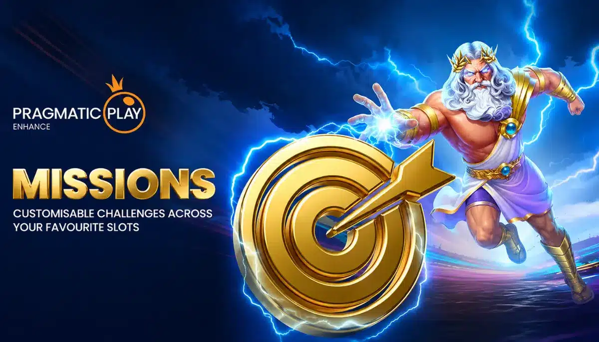 Pragmatic Play Missions med Zeus och gyllene måltavla i blå stormbakgrund