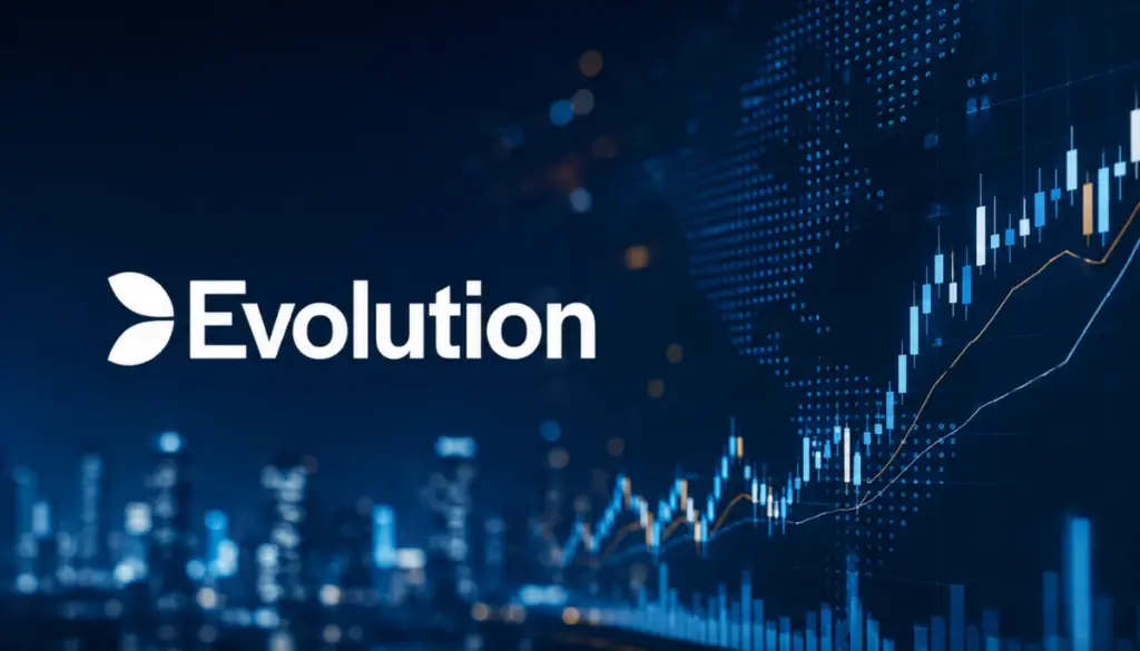 Evolution-logotyp framför stigande börsgraf som symboliserar aktieåterköp