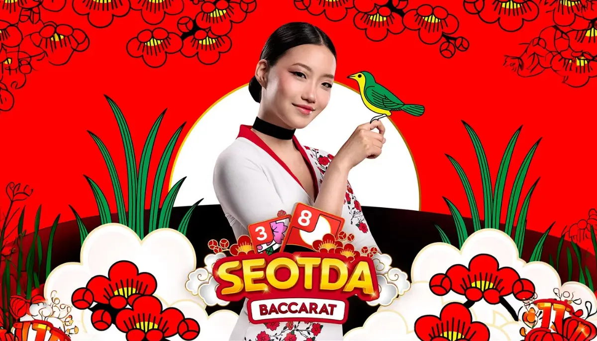 Dealer med Hwatu-kort framför Seotda Baccarat i koreanskinspirerad casinomiljö