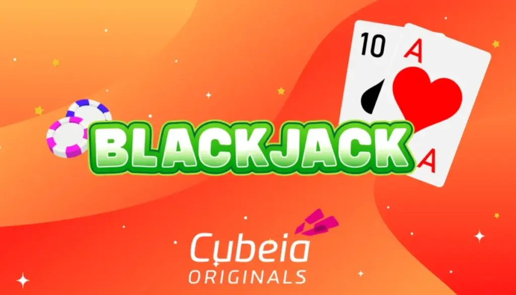 Cubeia Blackjack med spelkort och casinochips i orange bakgrund för nytt Provably Fair Blackjack spel