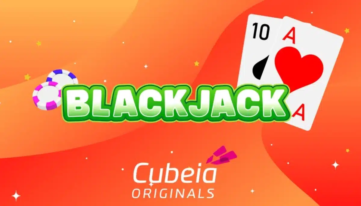 Cubeia Blackjack med spelkort och casinochips i orange bakgrund för nytt Provably Fair Blackjack spel