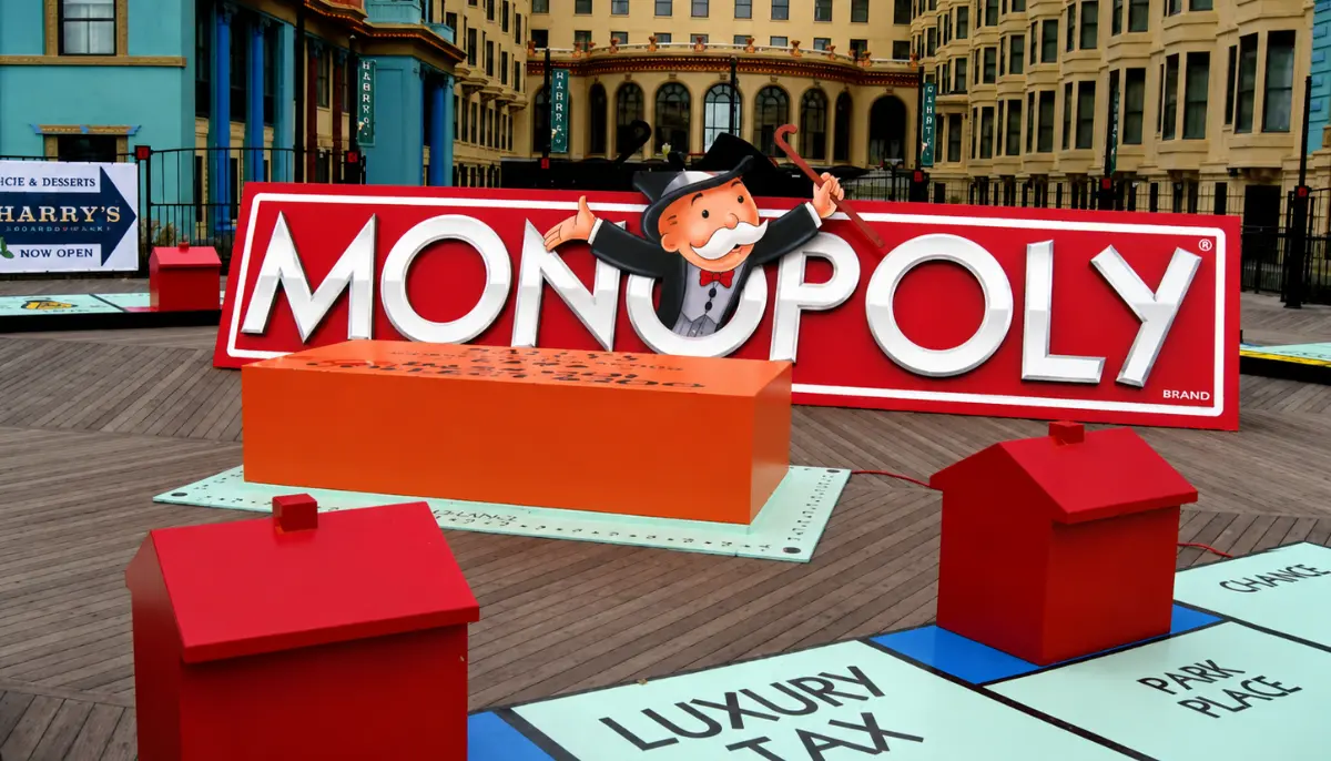 MONOPOLY Live-installation på Bally's Atlantic Citys Boardwalk med spelplan och logotyp