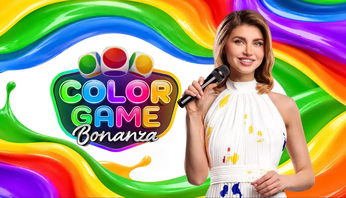 Programledare framför logotypen för Pragmatic Plays Color Game Bonanza