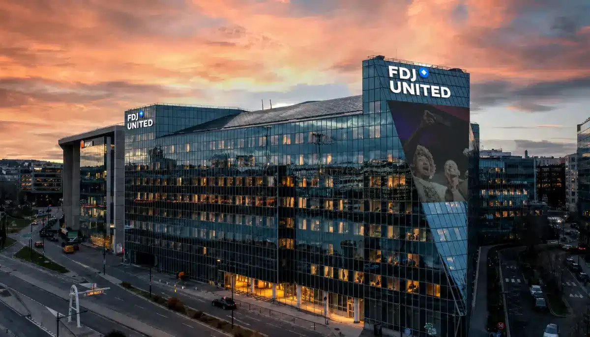 FDJ Uniteds huvudkontor med företagets logotyp på fasaden