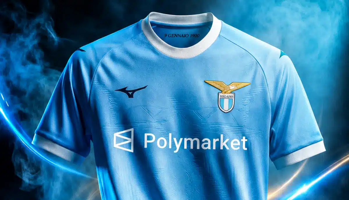 Lazios ljusblå matchtröja med Polymarket som huvudsponsor