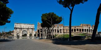 Colosseum and Arch of Constantine during the Coronavirus pandemic (Covid-19). Rome (Italy), March 19th, 2020 (Photo by Marilla Sicilia/Mondadori Portfolio/Sipa USA)