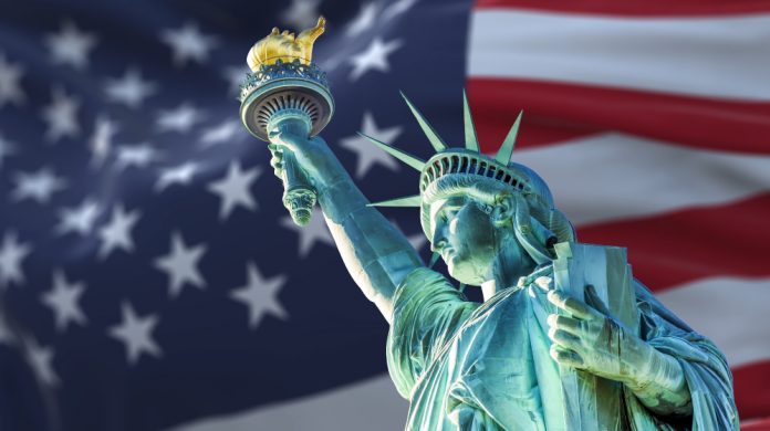 Statue of Liberty with US flag