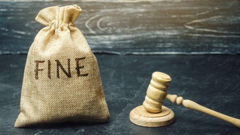 A money bag that reads "Fine" sitting next to a wooden gavel