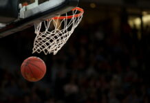 Basketball going through hoop and net