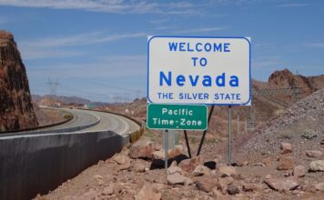 Nevada state welcome sign along highway