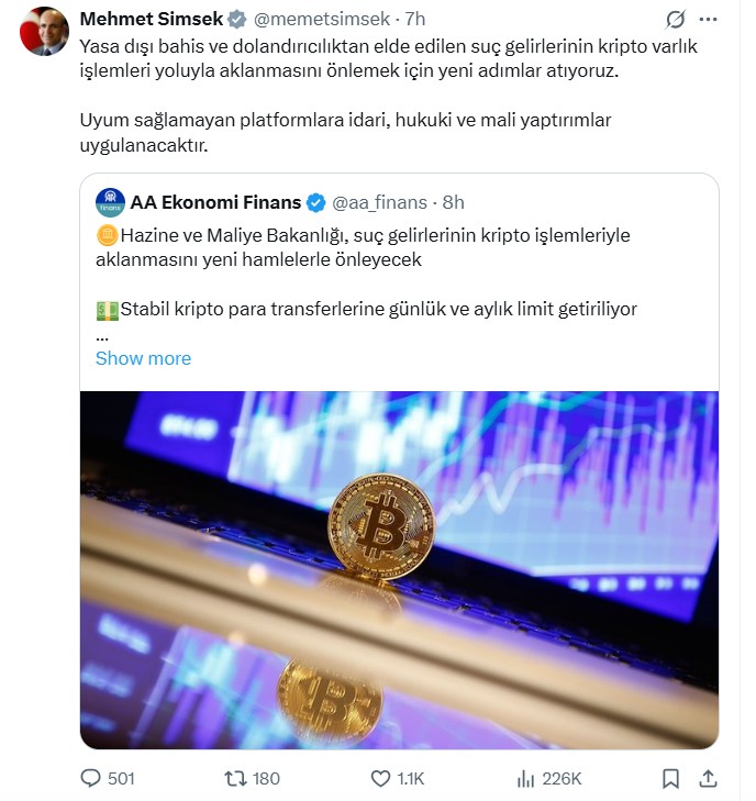 An X post from Turkey’s Treasury and Finance Minister Mehmet Şimşek.
