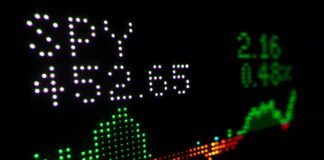 a stock chart listing on a digital board