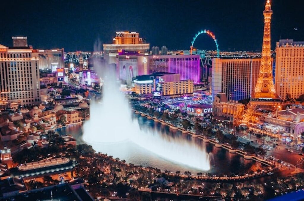 Las Vegas Strip Aerial Shot with Fountains