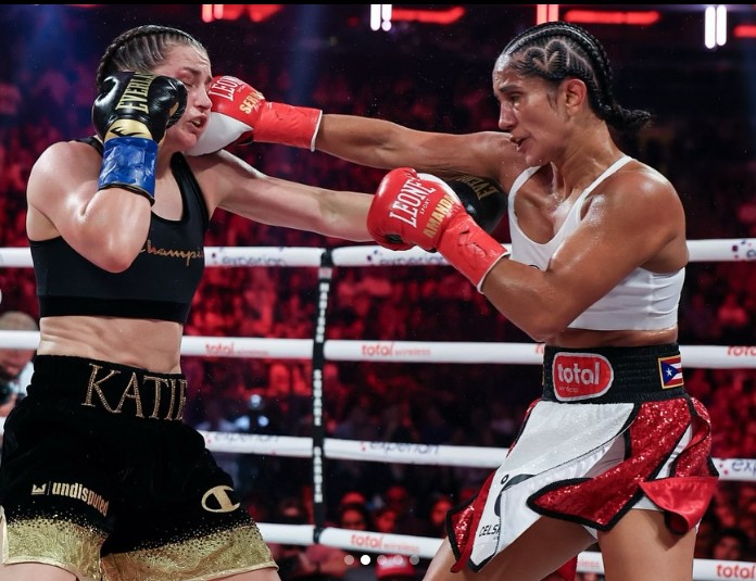 Amanda Serrano (right) fighting Katie Taylor at Maddison Square Garden on July 11.