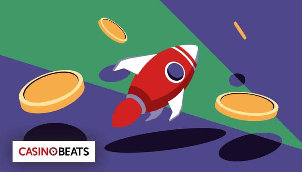 Illustration of a red rocket soaring among gold coins on a colorful background. The mood is dynamic and playful.