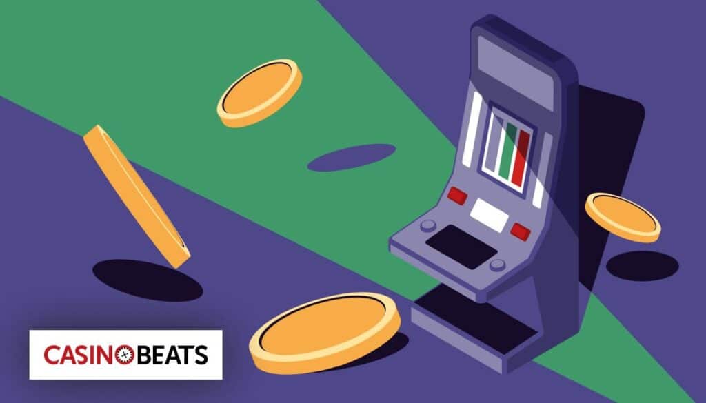 Illustration of a slot machine surrounded by flying coins on a purple and green background.