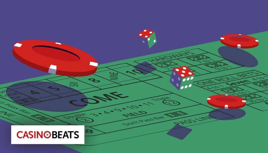 Illustration showing a craps table with red chips and dice