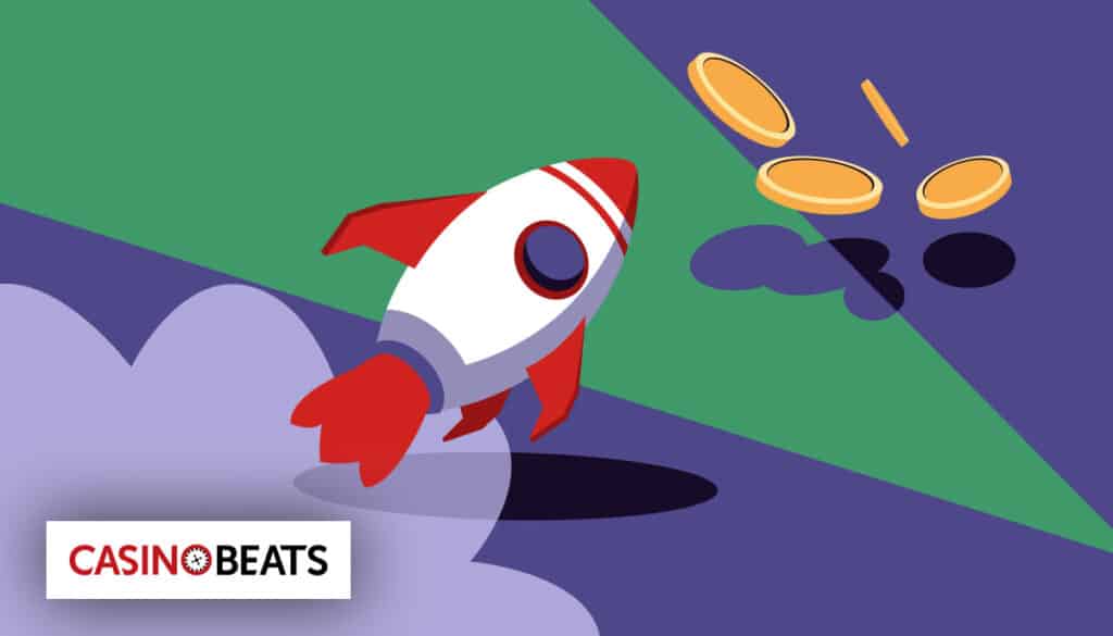 Illustration of a rocket launching toward flying coins, representing Crash gambling mechanics