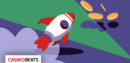 Illustration of a rocket launching toward flying coins, representing Crash gambling mechanics