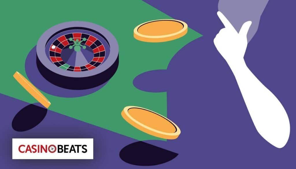 An illustrated roulette wheel with chips on a green and purple background, featuring a white hand gesturing in excitement