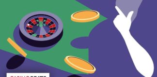 What Is Gambler’s Fallacy? Definition & Betting Examples An illustrated roulette wheel with chips on a green and purple background, featuring a white hand gesturing in excitement