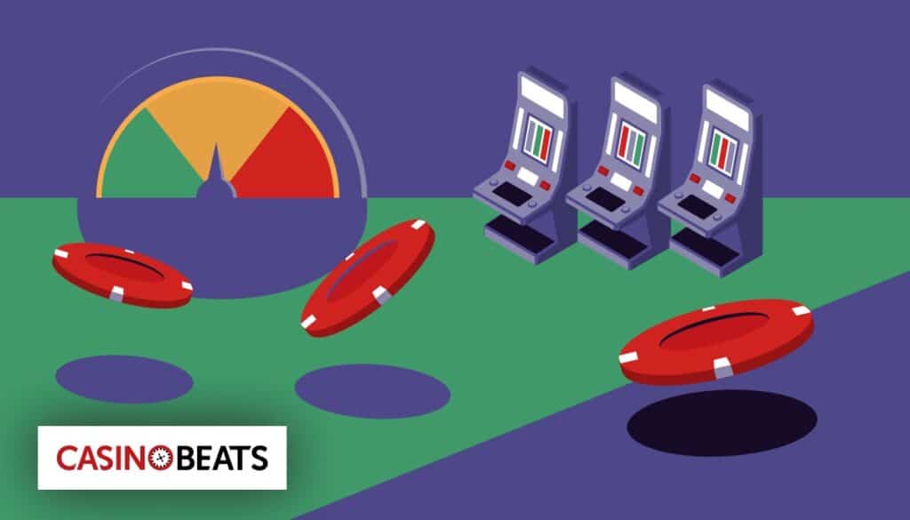 Illustration of casino elements: red chips, three slot machines, and a gauge, all set against a purple and green backdrop.