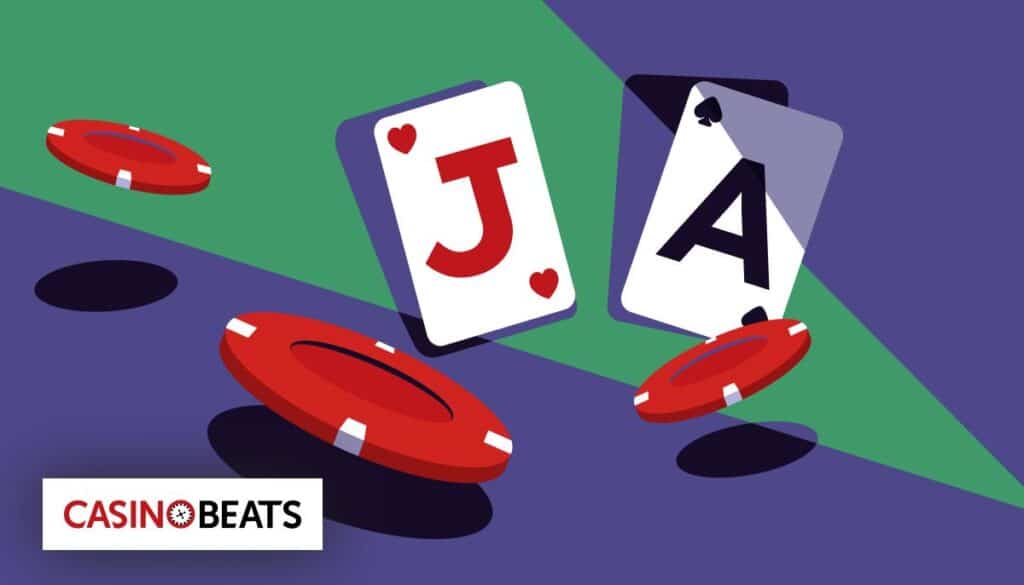 A graphic featuring playing cards showing a Jack of Hearts and Ace of Spades, surrounded by red poker chips on a purple background