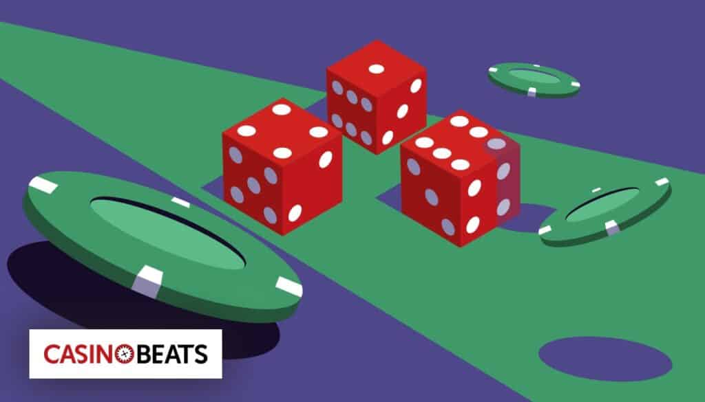 Illustration of three red dice and poker chips on a green and purple table
