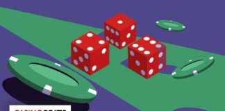 Illustration of three red dice and poker chips on a green and purple table