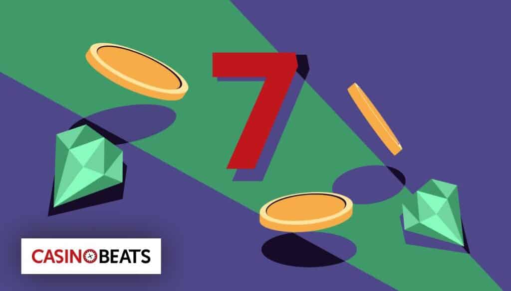 Stylized image with a large red number 7, green gems, and gold coins on a purple and green background.