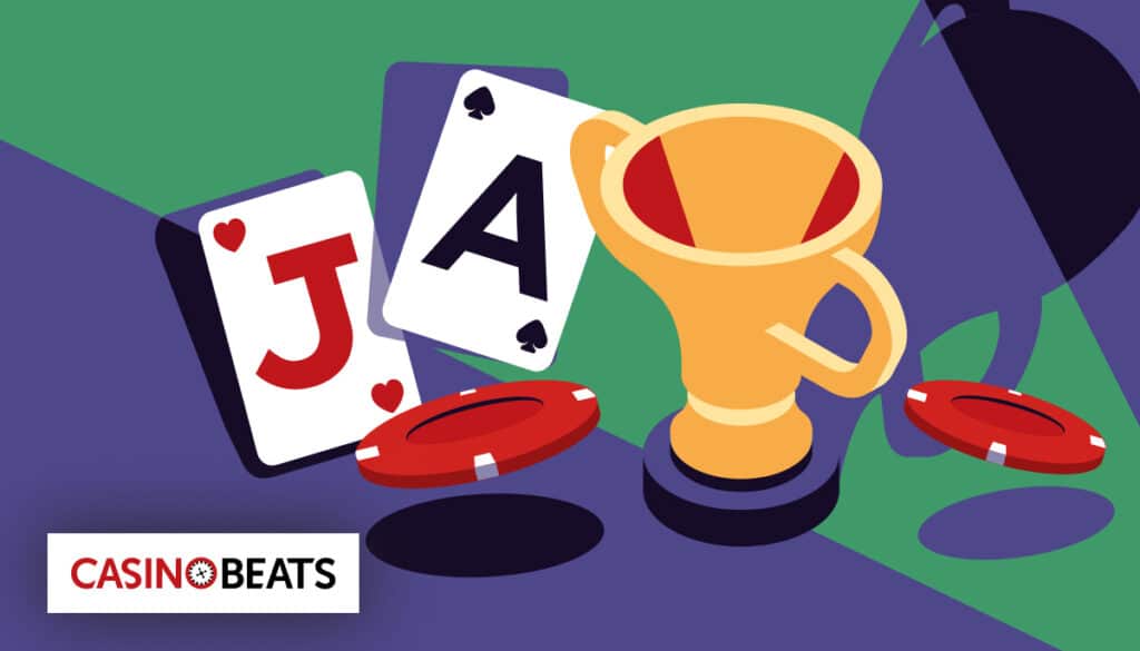 Illustration of playing cards, poker chips, and a trophy on a colorful background. The card faces show a Jack of Hearts and Ace of Spades