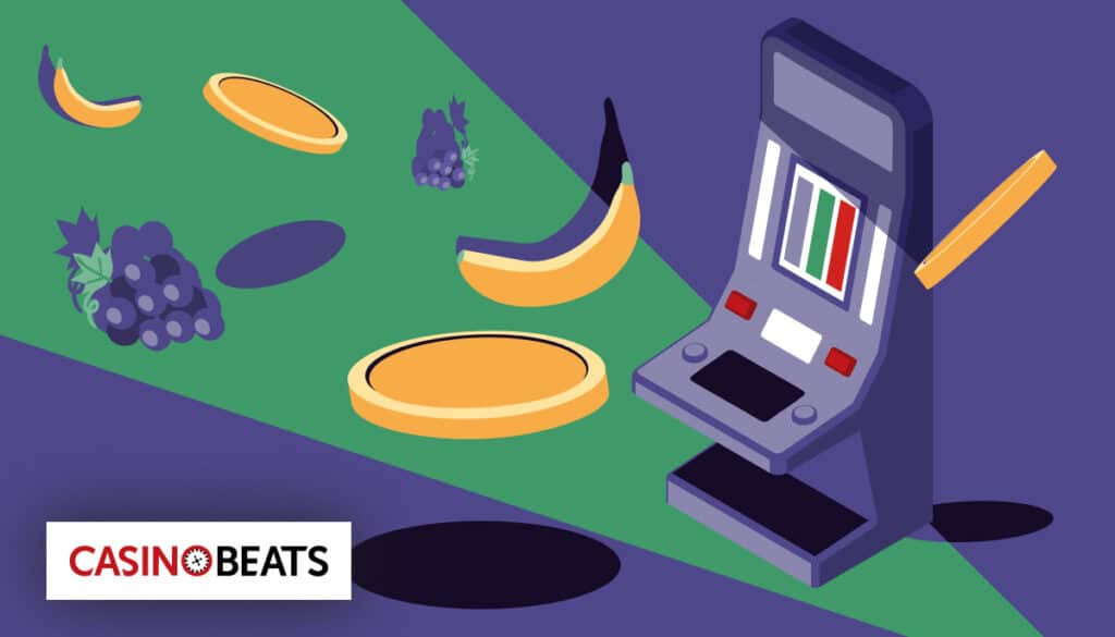 Illustration of a slot machine with fruit symbols and coins flying through the air