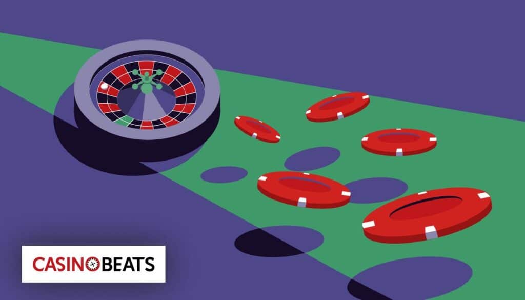 A stylized illustration of a roulette wheel with a white ball and scattered red casino chips, featuring the CasinoBeats logo.